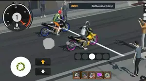 Two drag bikes dueling on the strip with RPM dial and race HUD