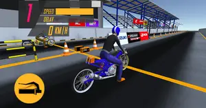 Blue drag bike at the start line with speed and delay HUD overlays