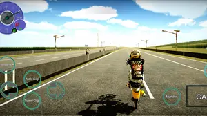 Rider view down the drag strip with Indonesian control buttons on screen